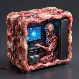 , flesh box with wires sticking out, a computer made out of flesh, computer made out of human flesh, skin on the gaming pc, personal computer horror, server, electronic, skinned alive, blood, teeth, intricate, highly detailed, digital painting, artstation, concept art, smooth, sharp focus, illustration,