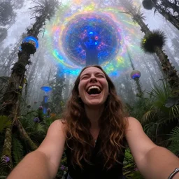 dmt gopro photo first person perspective of psilocybin woman laughing with mandelbulb