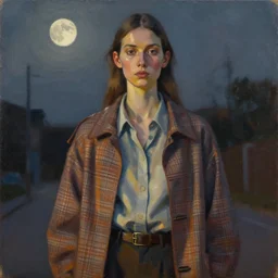 portrait in evening femininity, ethnic, realistic face sculpted features, thin and statuesque model, street outfit with layered shirts, plaid, jacket with buckles, warm glow, bathed in moonlight, chiaroscuro, specular highlights, angular impressionism, patina, midnight color scheme, dusky tones, modern fashion, contemporary art, oil on canvas