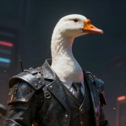 a goose in a detective suit, dystopia core, apocalyptic, armor, warrior, dramatic, sharp focus, fiction, neon, fantasy, hyper detailed, digital art, trending in artstation, cinematic lighting