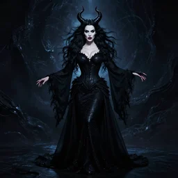 style of daniel gerhartz : : gorgeous willa holland : : evil witch, swirling black magic, black dress : : symmetrical face, symmetrical eyes : : full body pose : : gorgeous black hair : : magic lighting, low spacial lighting : :