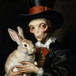 a baroque close - up portrait painting of a whimsical alien magician holding a rabbit. black background. highly detailed science fiction painting by norman rockwell, moebiucs, frank frazetta, and syd mead. high contrast. renaissance masterpiece. artstation