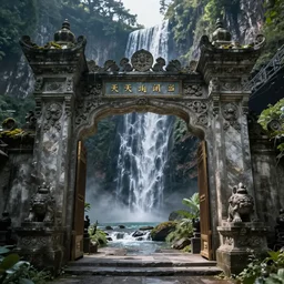 The gate to the eternal kingdom of waterfalls, fantasy, digital art, HD, detailed.