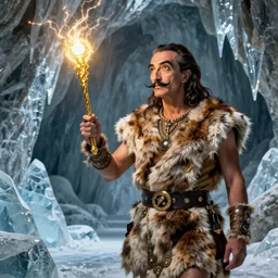 Salvador Dali wearing a fur barbarian tunic holding a glowing golden magical wand with electrical bolts emitting from it. In a cave made of ice. Trending on Artstation, octane render, ultra detailed, art by Ross tran