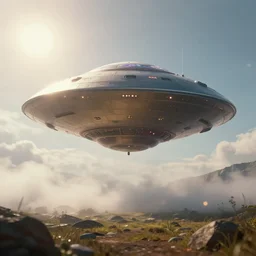 octane, 8 k photorealistic, de - noise, 8 k, high quality, volumetric lighting, scattered, mist, glow 3 d, nikon d 1 8 0, bokeh, focal 2 4 mm, very detailed, beautiful a ufo solarpunk, in the sky sunshine in tne landscape