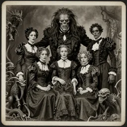 vintage photograph monochrome plate, monstrous mutant victorian family of cenobite people posing with lovecraftian abominations, distressed old photo, slight sepia tone