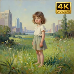 natural landscape | cute woman standing on grass, painting by syd mead, highly detailed, rule of third, soft lighting, 8 k resolution, oil on canvas, architectural magazine, beautiful detailed, insanely intricate details, artstation trending