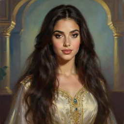 portait princess lalla saida, centred, very long hair, charmed sexy look, hd, unreal engine, art painting, final fantasy style, amazing background theme