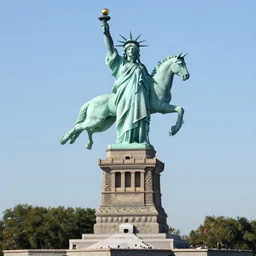 a flying horse in front of statue of liberty - n 9
