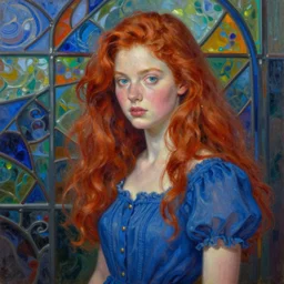 a beautiful red hair girl, blue dress, detailed, colourful glass in background, oil painting, hd by craig mullins _ h 7 0 4