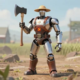 pumped - up communist cyborg farmer holding an axe, hd, 8 k, realistic artwork, full character