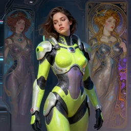 Exhausted good looking  young  women wearing neon colored armour suits in a space station, elegant, intricate, retrofuturistic digital painting, artstation, concept art, smooth, sharp focus, illustration, art by artgerm and greg rutkowski and alphonse mucha