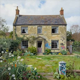 A detailed painting of an abandoned building house garden by Lee madgwick. Shrubs. Graffiti. Set in an English countryside landscape. by Lee madgwick