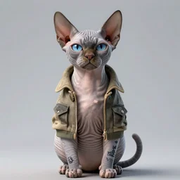 Sphynx cat standing like a man, with pectoral muscles, wearing a fabric jacket, long tattoos on her hands, 3d render