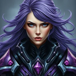 perfectly centered portrait, front view of a beautiful woman in bionic amethyst armor, female, flowing purple hair, intense stare, stoic, symmetrical, concept art, intricate detail, volumetric shadows and lighting, realistic oil painting magic the gathering style,