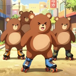 happybears!, happy bears! kill union, humanoid bears, bear costumes, happy faces, evil happy faces, rollerblading, rollerskates, four humanoid bears, 2 0 0 1 anime, flcl, golden hour, japanese town, cel - shaded, strong shadows, vivid hues, y 2 k aesthetic