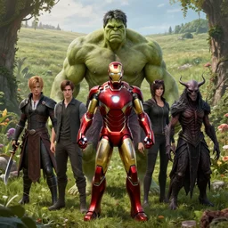 portrait of marvels ( ( ironman ) ) hulk by hr giger, greg rutkowski, luis royo and wayne barlowe as a diablo, resident evil, dark souls, bloodborne monster, elden ring creature : : in a garden, grassy field, large field in the background