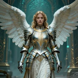 angel, big wings, low key light, full plate armor with cloth, f 1 6, bokeh, extreme close up portrait, gentle, female, ornate city ruins, landscape, d & d, fantasy, intricate, elegant, highly detailed, teal white gold color palette, roger deakins, sharp focus, concept art, greg rutkowski and alphonse mucha