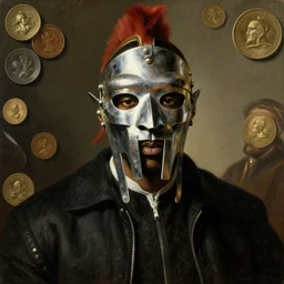 high quality celebrity painting of rap artist mf doom, hip hop artist mf doom portrait by the old dutch masters, wearing a roman gladiator mask, 1 0 ¢ pieces in background, rembrandt, hieronymous bosch, frans hals