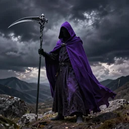 grim reaper, purple cloak, full body, scythe