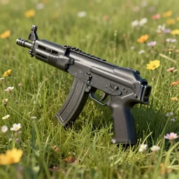 overgrown heckler & koch mp 7 ai. octane render. substance painter painter. black, matte metal. flower field. photoreal.