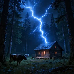 a ultra realistic blue lightning arc over a cabin in the wood, by night. cows in the field. pines. horror movie scene, complex, highly detailed, unreal engine 5, 8 k render