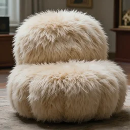 a strange huge fluffy furry poufs ottomans sits in the room, film still from the movie directed by denis villeneuve with art direction by zdzisław beksinski, close up, telephoto lens, shallow depth of field
