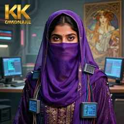 hyperrealist portrait of a young hyderabadi muslim american woman wearing a purple niqab, it is decorated with long wires and computer monitors are all over their body within the cyberpunk office background. by jeremy mann and alphonse mucha, fantasy art, photo realistic, dynamic lighting, artstation, poster, volumetric lighting, very detailed faces, 8 k, award winning