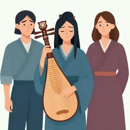 confused asian witch holding a lute, but she doesn't know how to play the lute, victo ngai, kilian eng, lois van baarle, flat