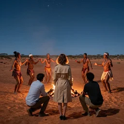 photograph of seven ravers, two men, one woman, woman is in a trenchcoat, blessing the soil, seen from behind, talking around a fire, two aboriginal elders, dancefloor kismet, diverse costumes, clean composition, desert transition area, bonfire, starry night, australian desert, xf iq 4, symmetry, sony a 7 r, 1 5 0 mp, 5 0 mm