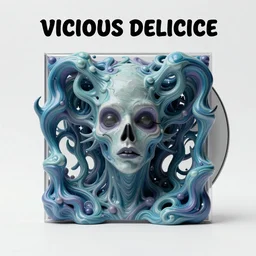 a bizarre and frightening cover to vicious delicious, a psychedelic trance album by infected mushroom