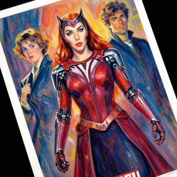 marvel scarlet witch, wearing futuristic cybernetic battle armor, by ashley wood, yoji shinkawa, jamie hewlett, 6 0's french movie poster, french impressionism, vivid colors, palette knife and brush strokes, dutch angle