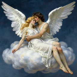 a dark hair man holding a blonde angel, both laying on a cloud, art nouveau, highly detailed