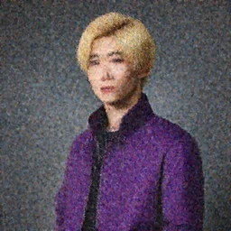 a realistic photo of blond handsome Asian man in purple jacket, Kira Yoshikage in real life, studio photography , dark grey background, softly backlit, gentle smoke effect, photo courtesy Museum of art