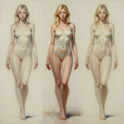 a character concept design sheet of a posed blonde woman, oil painting, pale colors, high detail, 8 k, wide angle, trending on artstation,