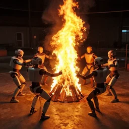 Robot workers dancing around a fire