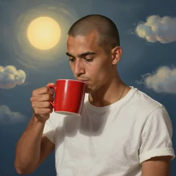 portrait of a ( ( ( una taza de cafe grande y rojo ) ) ), ( ( guapo joven caliente cubano mulato pelo shaved ) ), nubes y magia, el sol, concept character, by greg rutowski and tezuka and oi and mucha and bierstadt and remington, trending on artstation