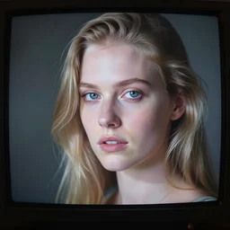 out of focus photorealistic portrait of a beautiful pale young woman by sarah moon on a cathodic tv screen