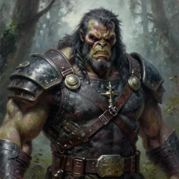 frazetta hulked cyborg werewolf zombie concept art macro medium close up shot, rugged werewolf as barbarian zombie wearing war soldier uniform armor in deep forest, mist, overcast, oil painting by greg rutkowski, by frazetta and greg rutkowski