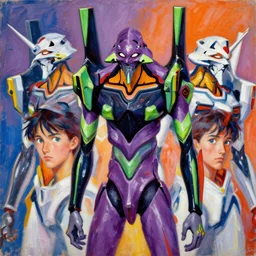 evangelion unit 0 1, gundam unicorn, portrait, by ashley wood, yoji shinkawa, jamie hewlett, 6 0's french movie poster, french impressionism, vivid colors, palette knife and brush strokes
