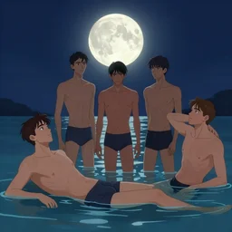 five guys skinny dipping in the moonlight, trending on artstation