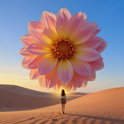 closeup giant dahlia flower where head, girl walking between dunes, surreal photography, sunrise, blue sky, dramatic light, impressionist painting, digital painting, artstation, simon stalenhag