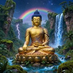 a dreamy amitabha buddha meditating in a lush jurassic landscape, mossy rocks, lightening, a bright blue waterfall, a sky full of stars background, 4 k, hyper realistic, in he style of national geographic, coherent design, symmetrical, vivid colour, complementary colour, golden ratio, detailed, sharp lines, intricate, rainbow shift, in unreal 3 d engine, ray tracing, octane render