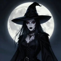 portrait of Anna Millerstone as a Dark evil witch, big moon in the background, dramatic lighting, book cover illustration by Greg rutkowski, yoji shinkawa, 4k, digital art, concept art, trending on artstation