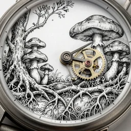 detailed view from inside wet ink a clockwork watch bone landscape, entangled roots covered in mushrooms, cracked earth, growing living spore microorganisms, decaying skeletons, rusty, hyper realistic photo, full colour, upscale, 8 k