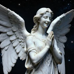 statue of an angel with long neck horribly smiling and praying. in outer space