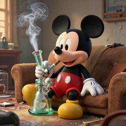 mickey mouse smoking a glass bong and sitting on a couch in a messed up apartment, amazing digital art, highly detailed