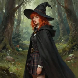 side portrait rugged girl, witch school uniform outfit large cloak, fantasy forest landscape, fantasy magic, bangs red hair, sharp focus, illustration, highly detailed, digital painting, concept art, matte, art by wlop and artgerm and greg rutkowski and alphonse mucha, masterpiece