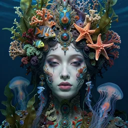 hyperrealistic detailed underwater face portrait of the beautiful goddess of the jellyfish with an intricate headgear of corals, sea kelp, sea plants, fish, starfish, jellyfish, art by ernst haeckel, john william godward, android jones, alphonso mucha, gothic - cyberpunk, ornamental, beautiful deep colours,
