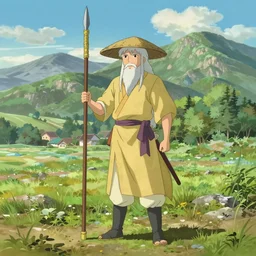 a chinese battle monk, wearing a faded yellow toga, a straw hat, holding a wooden long staff with a spear at the end that is perpendicular to the floor, long white beard, beautiful valley with a meadow and dozens of mountains, lots of shading, full body shot, drawn in the style of makoto shinkai